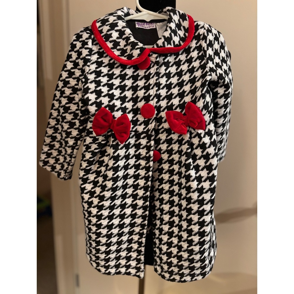 Blueberry Boulevard Girls Houndstooth Coat Red Bows Velvet Collar Buttons 3T
